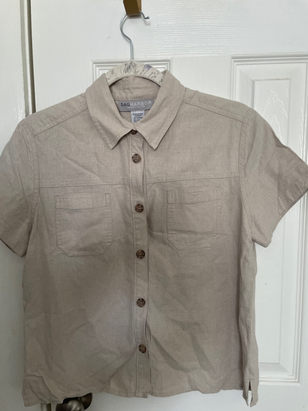 Sag Harbor Women's Short-Sleeve Button Front Blouse in Light Taupe